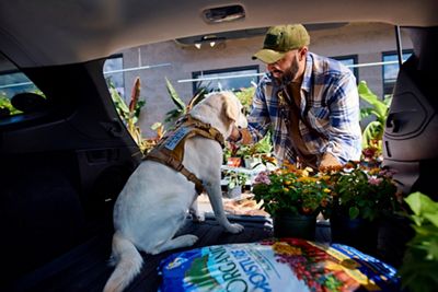 Man with dog loading plants in car